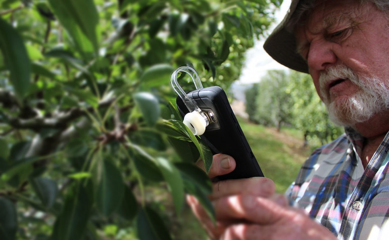 Farmer holding a phone with the GoMicro Examine Phone Microscope