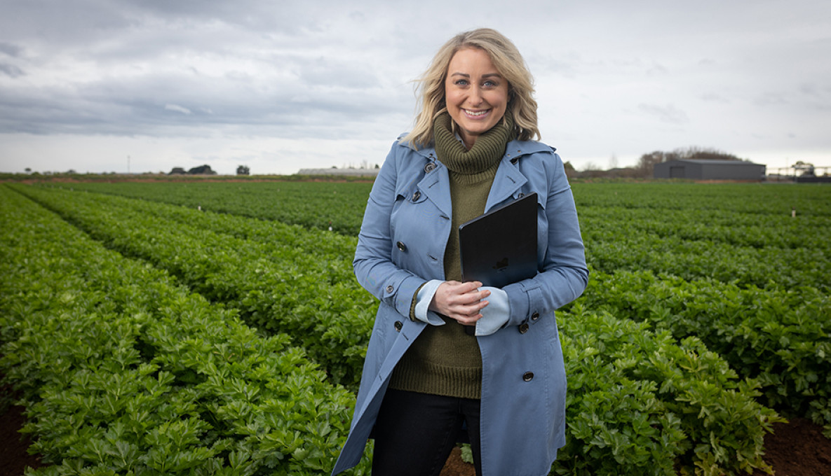 Jane Bunn, Founder of Jane's Weather at Velisha Farms, Werribee Victoria in a crop
