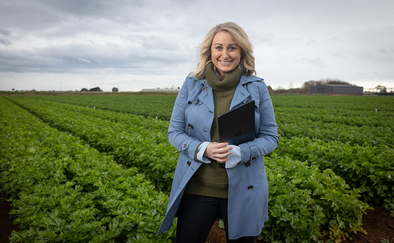 Jane Bunn, Founder of Jane's Weather at Velisha Farms, Werribee Victoria in a crop