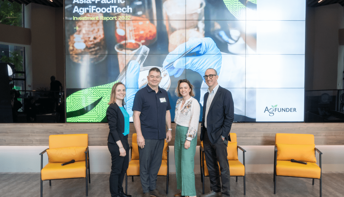 Panel Members,  (from left) AgFunder, Nicole Robinson, Michael Dean - Omnivore, and Louisa Burwood-Taylor, AgFunder - LYRO Robotics, Mark Kahnat at the AgFunder report launch in Singapore