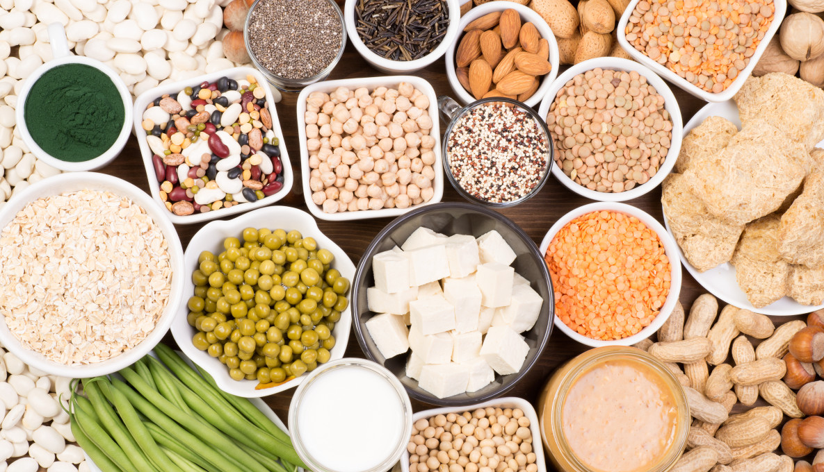 Variety of alternate plant protein legumes, tofu, nuts, oats & seeds