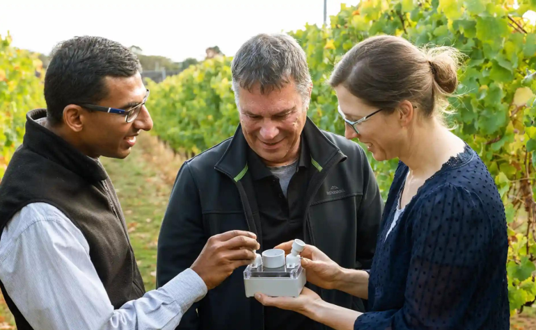 Athena IR-Tech's CSO Dr Vinay Pagay, CEO Jay Holata & Director of Ag research Dr Fran Doerfinger with their irrigation sensor technology