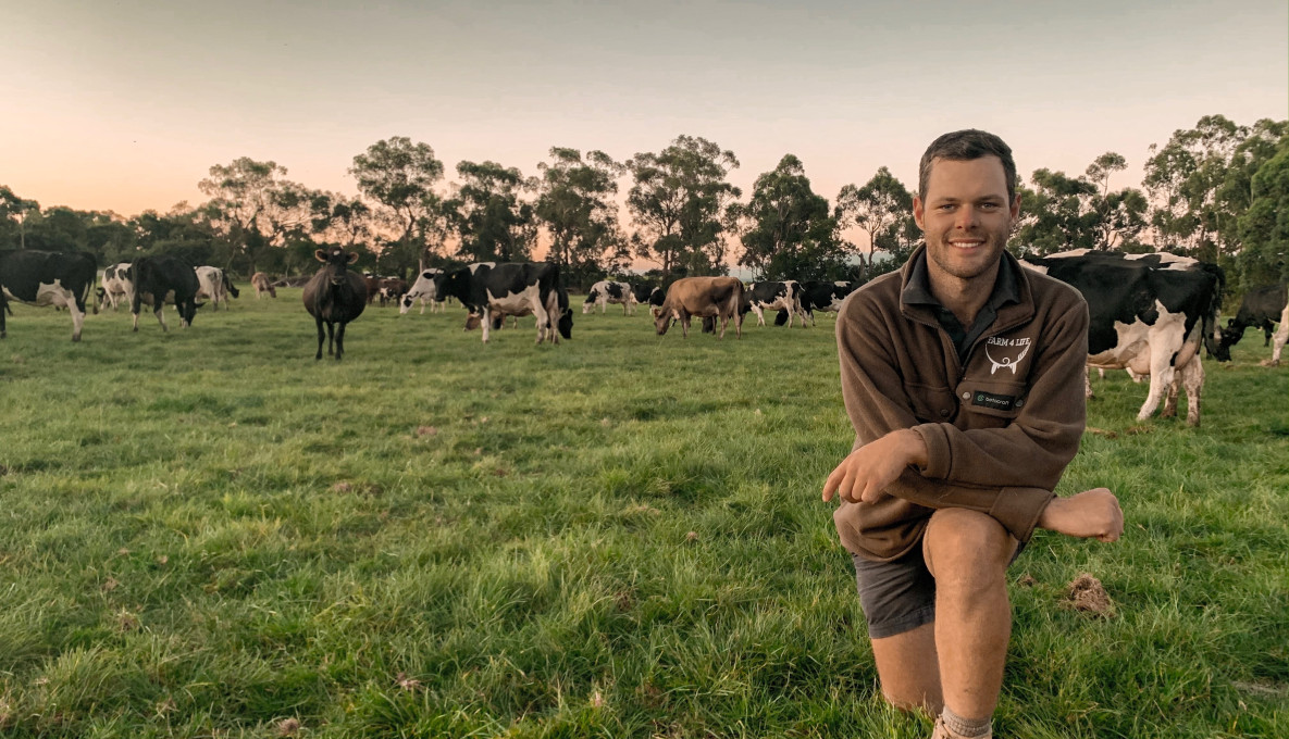Farmer Tom Kent in paddock with dairy cows in the background